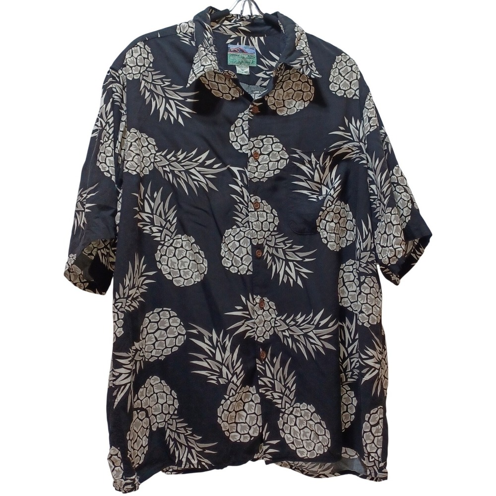 Reyn Spooner Shirt Mens L Black Gray Pineapple Rayon Aloha Hawaiian‎